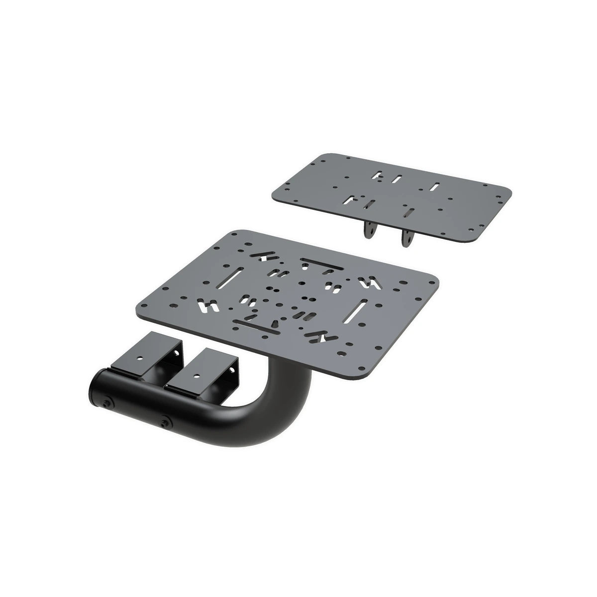 Trak Racer TR-FS02 flight sim mount, exploded view with two perforated adapter plates above the curved cockpit arm bracket