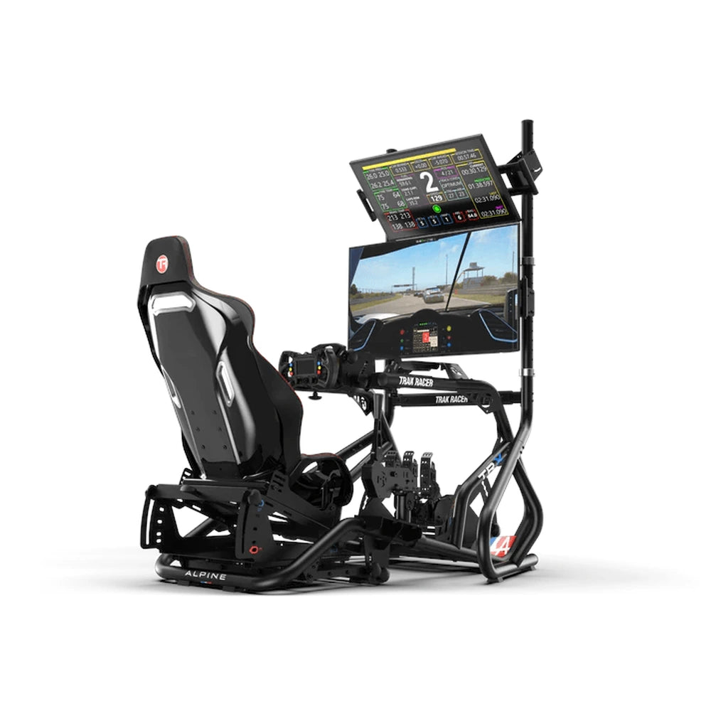 Trak Racer freestanding dual monitor stand, in use with dual monitors on a TRX Alpine Racing rig