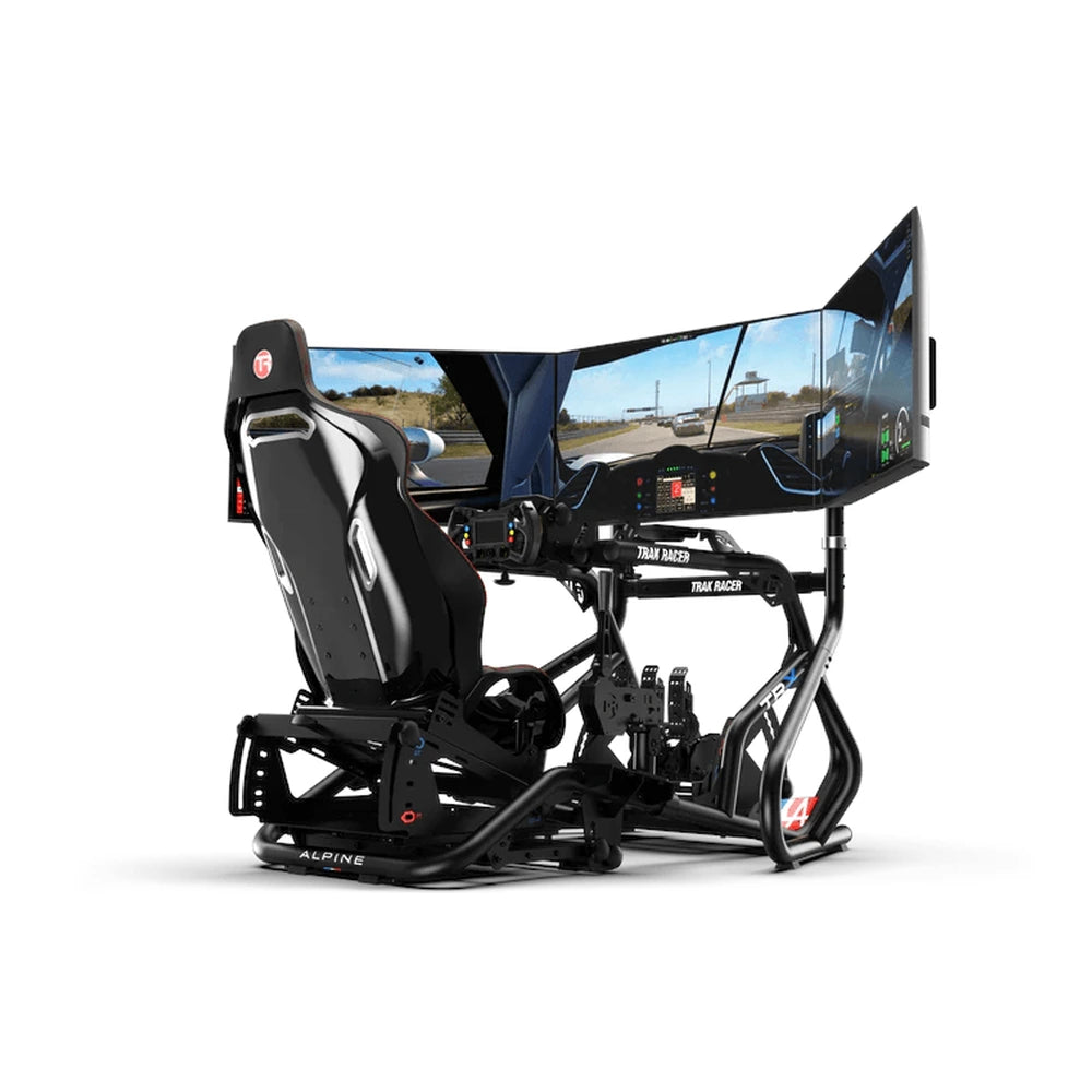 Trak Racer freestanding triple monitor stand paired with an Alpine Racing TRX cockpit and three monitors