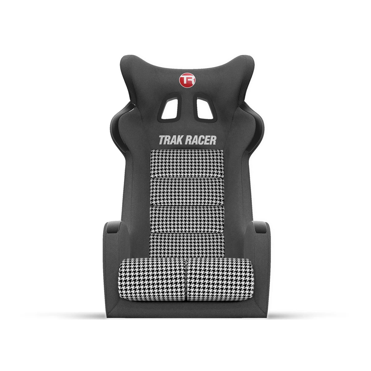 Trak Racer GT Pro houndstooth cushions fitted to the black fibreglass bucket seat, front view