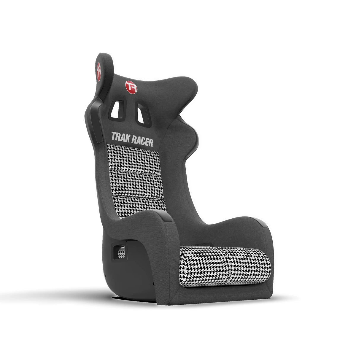 Trak Racer GT Pro houndstooth cushions installed in the bucket seat, three-quarter view
