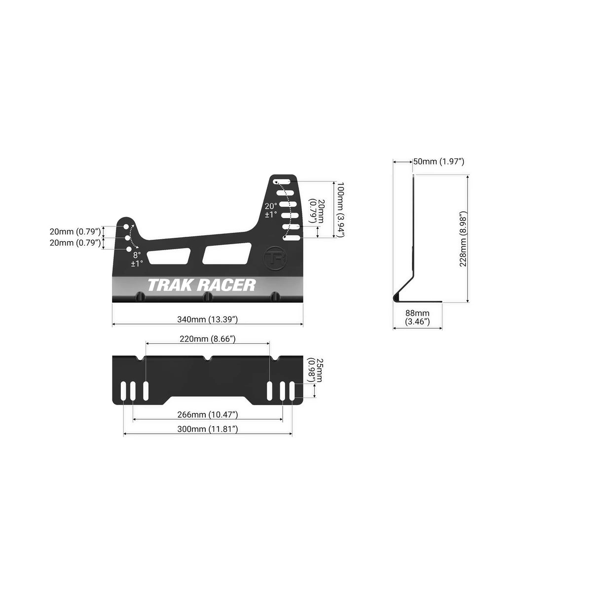Trak Racer GT Style TR Series fibreglass seat mounting side rail, dimension diagram