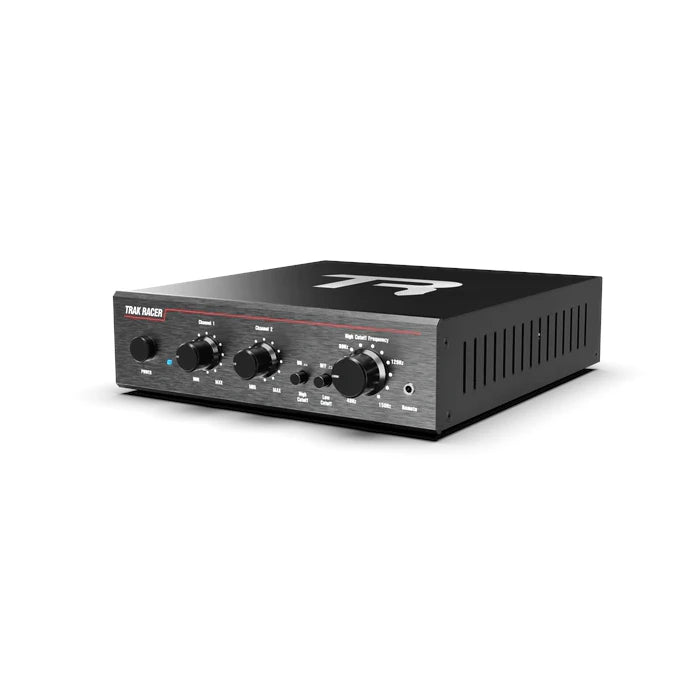 Trak Racer Haptic Bass Shaker Kit, three-quarter view of the amplifier front panel with channel and cutoff frequency knobs