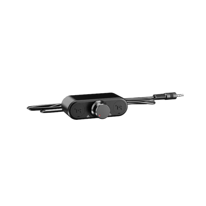 Trak Racer Haptic Bass Shaker Kit, close-up of the inline remote volume controller with 3.5mm jack cable