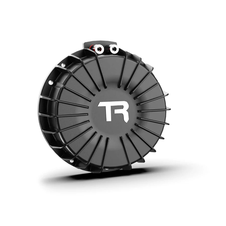 100W Pro Haptic Bass Shaker, front view of the round finned transducer with TR logo and twin terminal posts