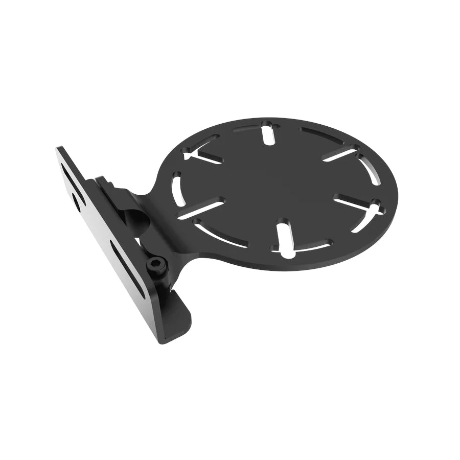 Universal Bass Shaker Mount, opposite-angle view showing the hinge and adjustment thumb screw between plate and bracket