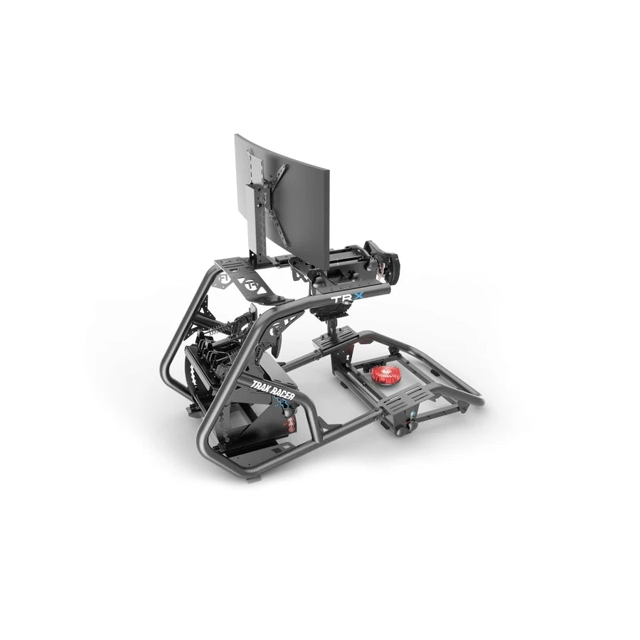 Universal Bass Shaker Mount, rear three-quarter view of the TRX cockpit with the red transducer mounted in position