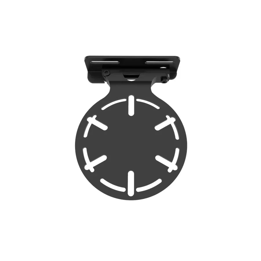 Universal Bass Shaker Mount, front-on view of the round slotted transducer plate and slotted top bracket