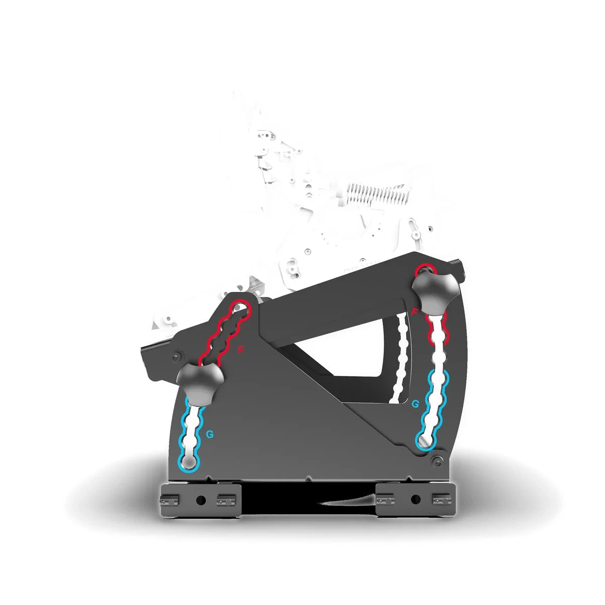 Trak Racer tool-free hybrid pedal mount, side view with the pedal plate at a raised position