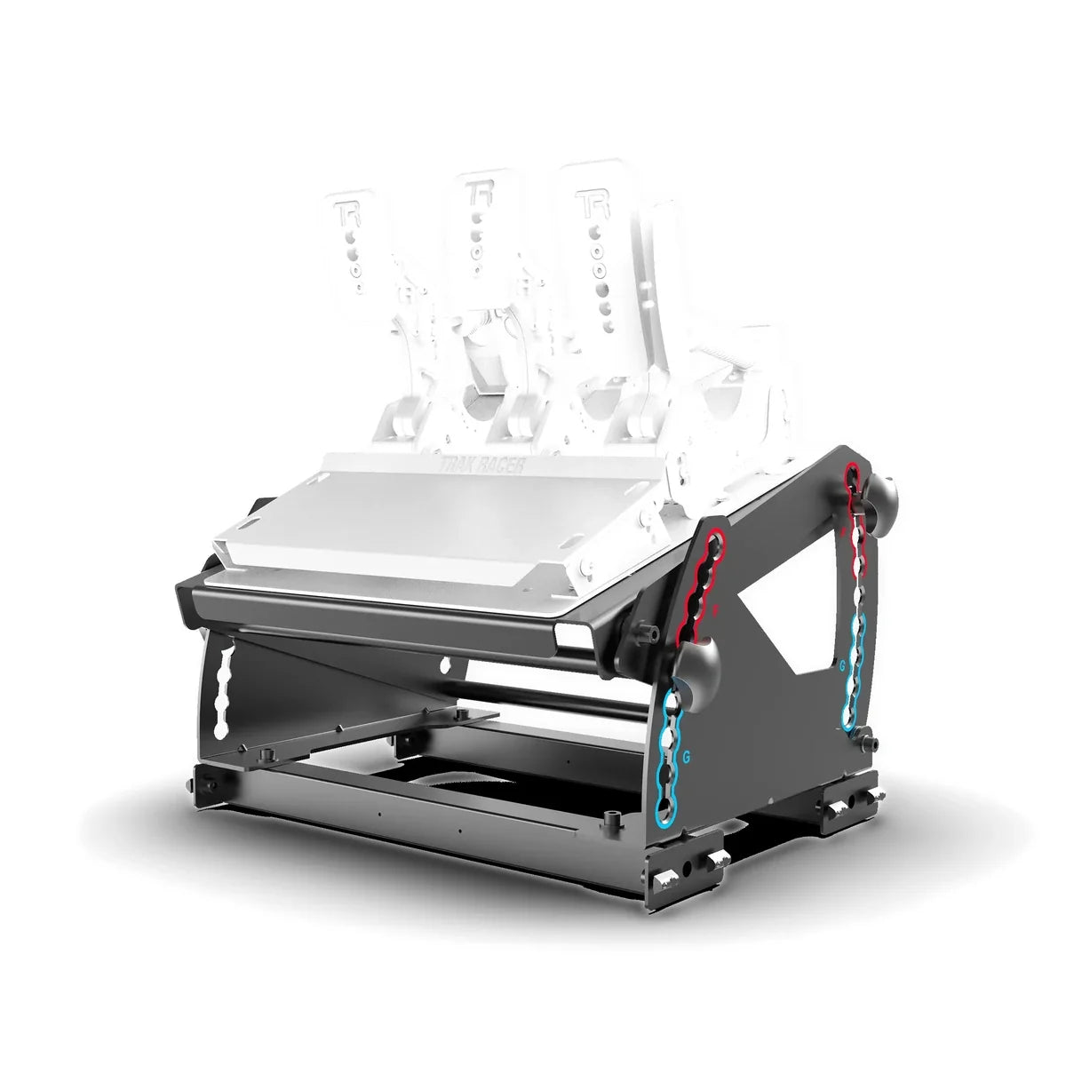 Trak Racer tool-free hybrid pedal mount, rear three-quarter view at a raised pedal position