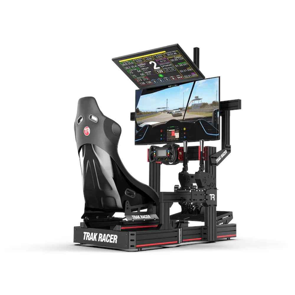 Trak Racer large cockpit dual monitor stand, in-rig setup with dual monitors, seat and wheel