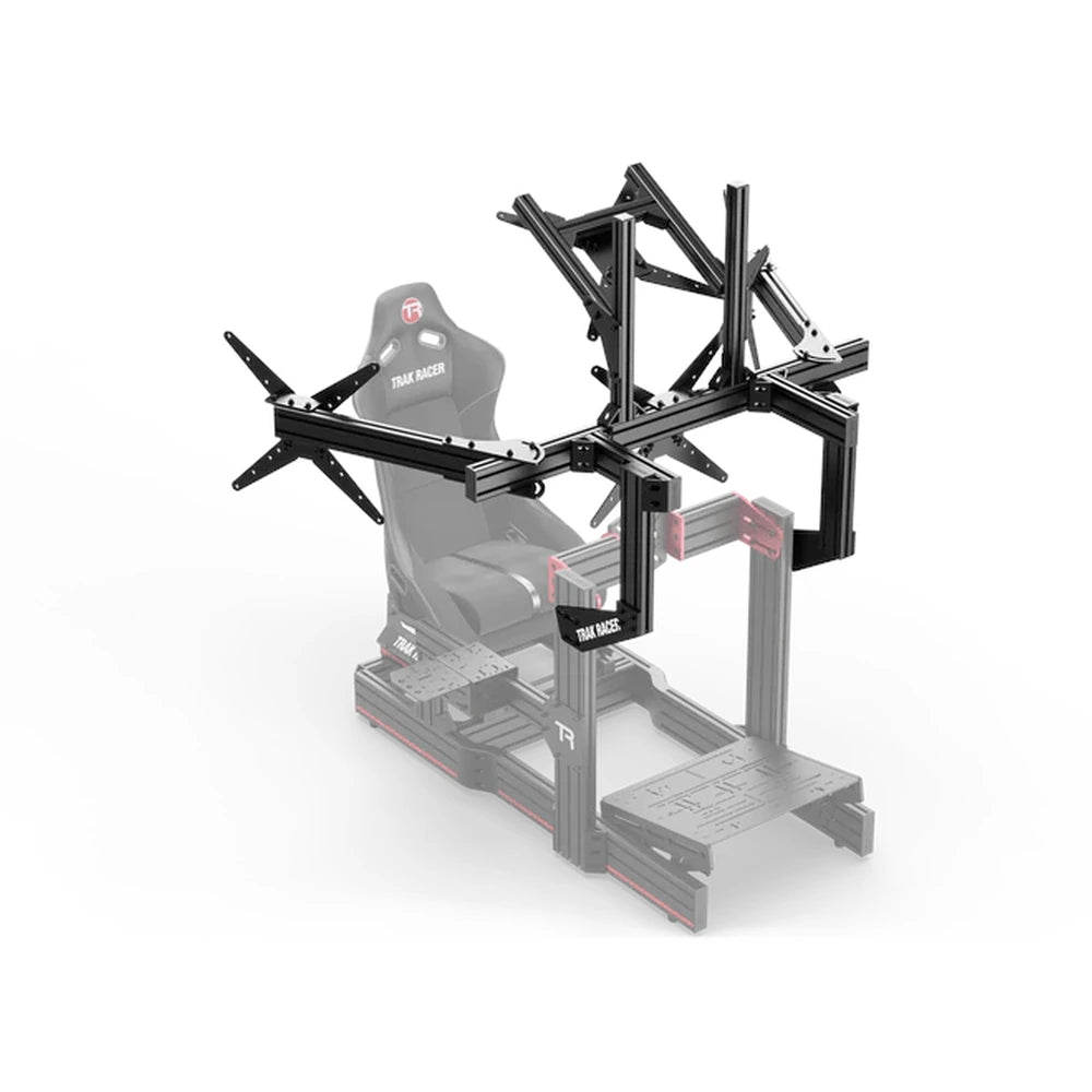 Trak Racer large quad monitor stand, rear three-quarter — mounted on cockpit frame (rig shown greyed out)
