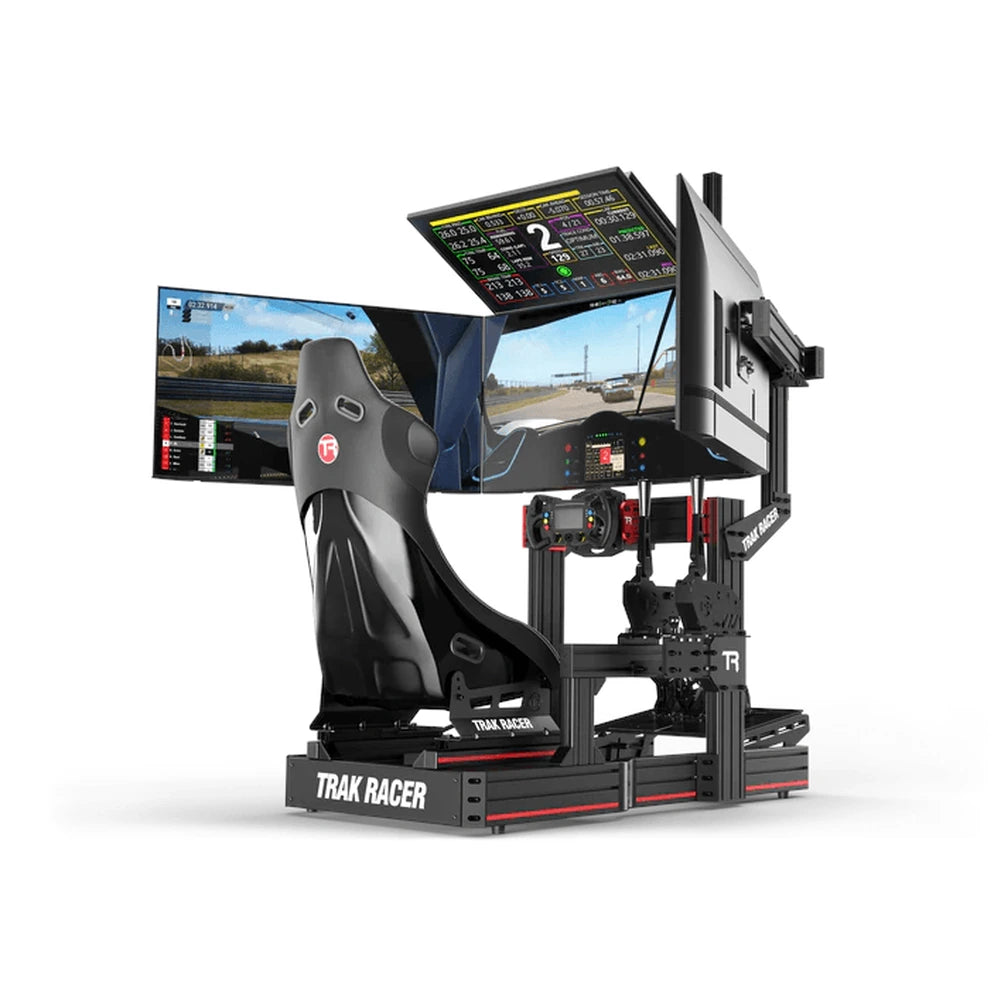 Trak Racer large quad monitor stand, front three-quarter — fully assembled with 4 monitors, seat and wheel