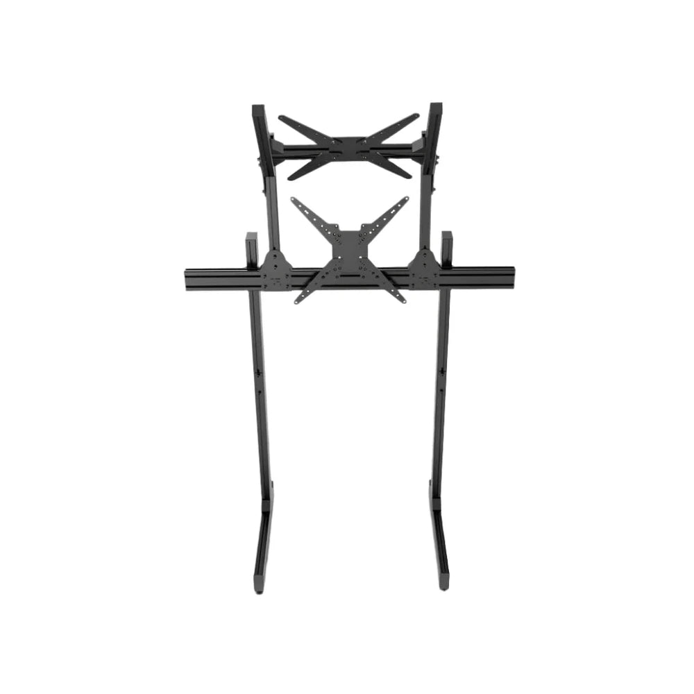 Trak Racer large freestanding dual monitor stand, front view — dual VESA arms and independent leg supports