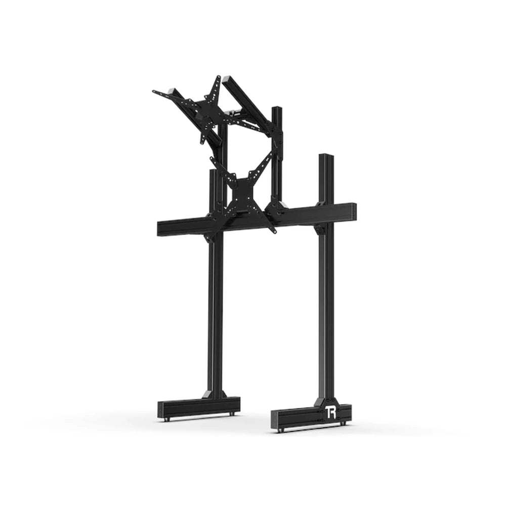 Trak Racer large freestanding dual monitor stand, angled view showing TR-branded base and leg profile
