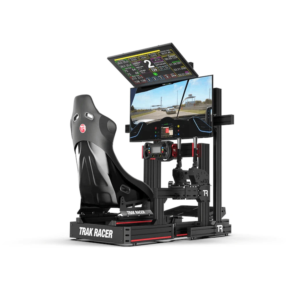 Trak Racer large freestanding dual monitor stand installed with dual screens on a Trak Racer cockpit, opposite angle