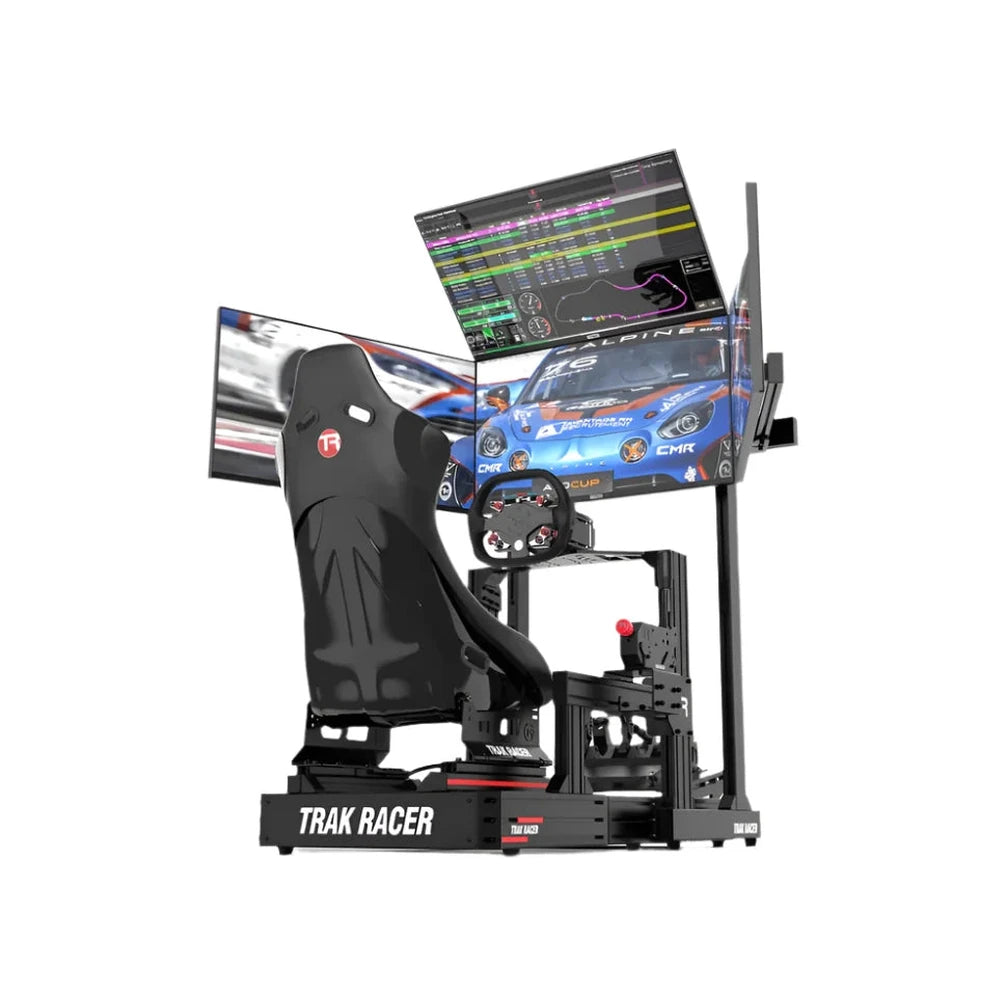 Trak Racer large freestanding quad monitor stand, front-right view with 4 monitors and a racing cockpit, rig sold separately