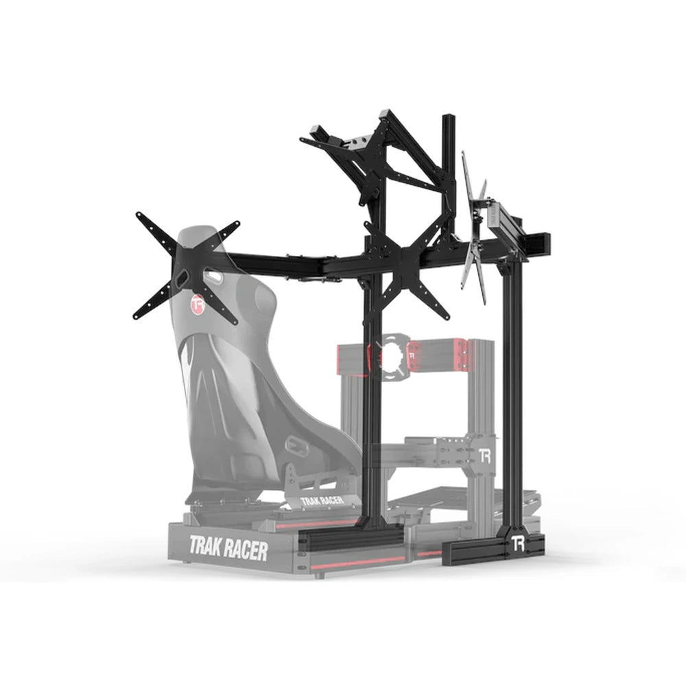 Trak Racer large freestanding quad monitor stand, diagram showing position beside a Trak Racer cockpit, rig sold separately