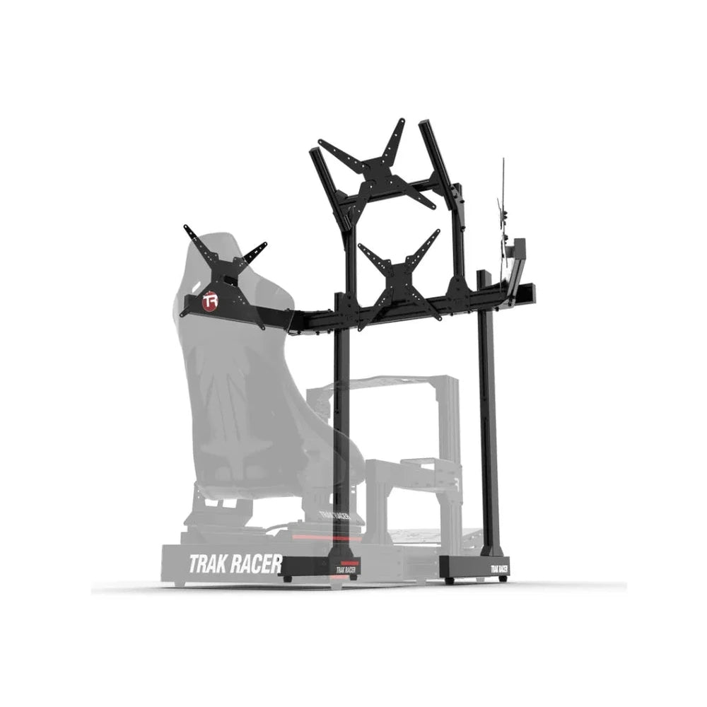 Trak Racer large freestanding quad monitor stand, diagram beside a faded Trak Racer cockpit, alternate angle