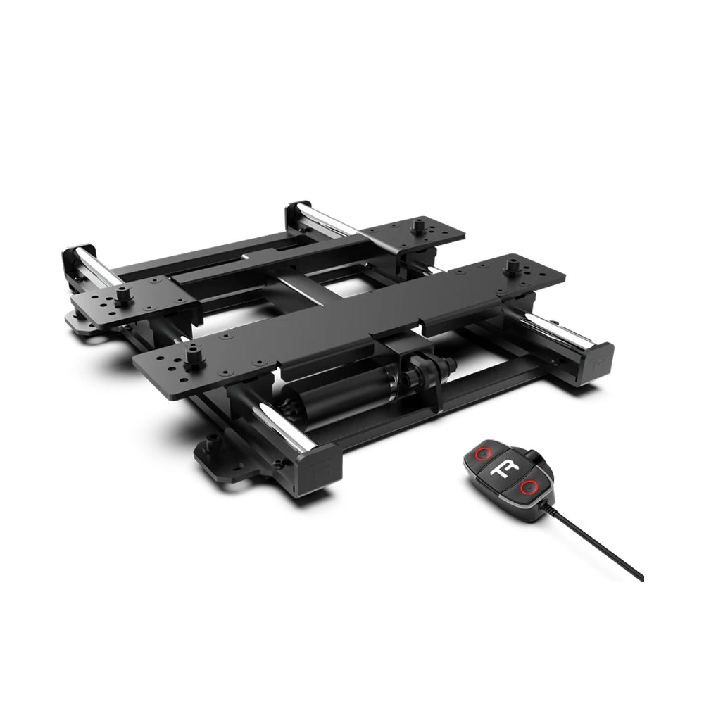 Trak Racer Motorised Seat Slider full unit with its wired remote control, three-quarter view