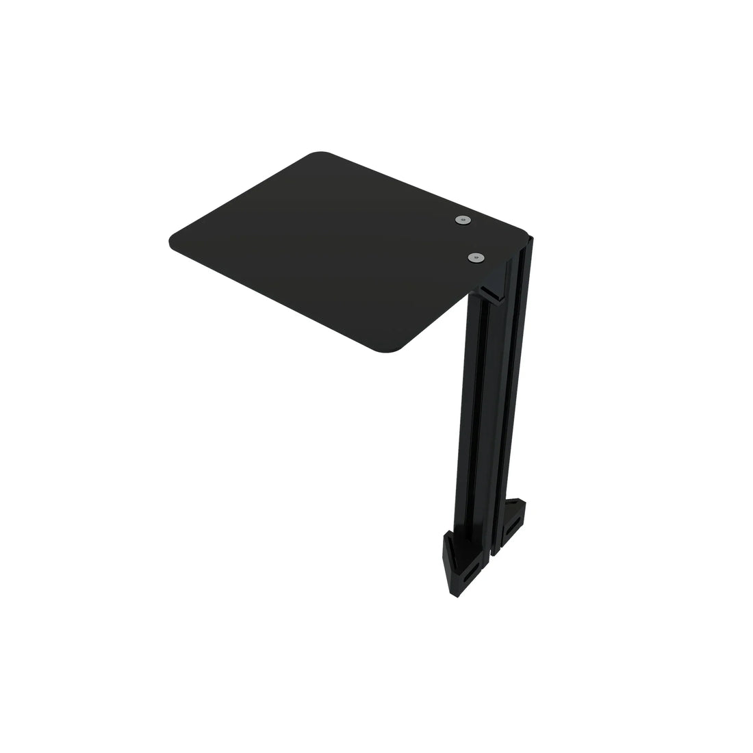 Trak Racer Computer Mouse Shelf, the black shelf and 40x40mm profile mounting arm shown on their own at an angle