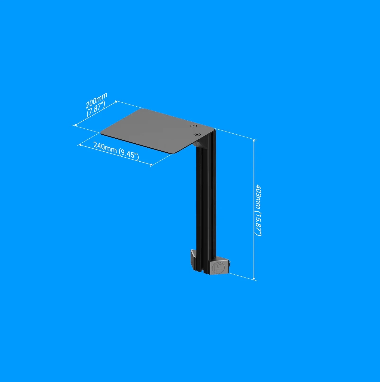 Trak Racer Computer Mouse Shelf, dimensions diagram in mm and inches (200mm deep, 240mm wide, 403mm profile)