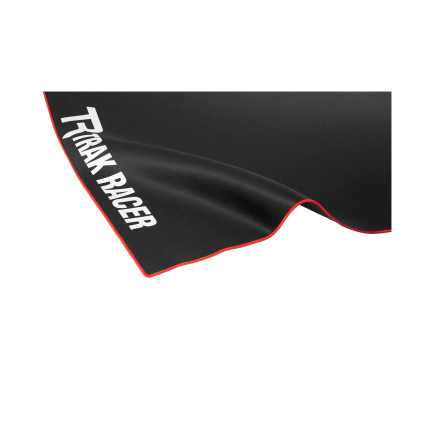 Trak Racer Premium Neoprene Sim Rig Floor Mat, close-up of a curled corner showing the red trim and border detail