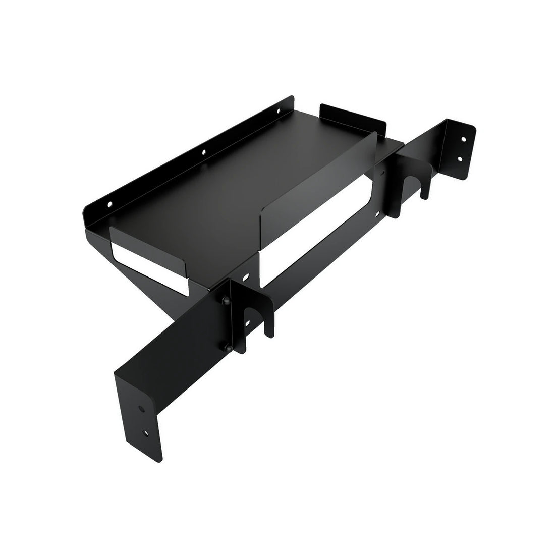 Trak Racer PC and control box shelf, black steel, standalone isometric view
