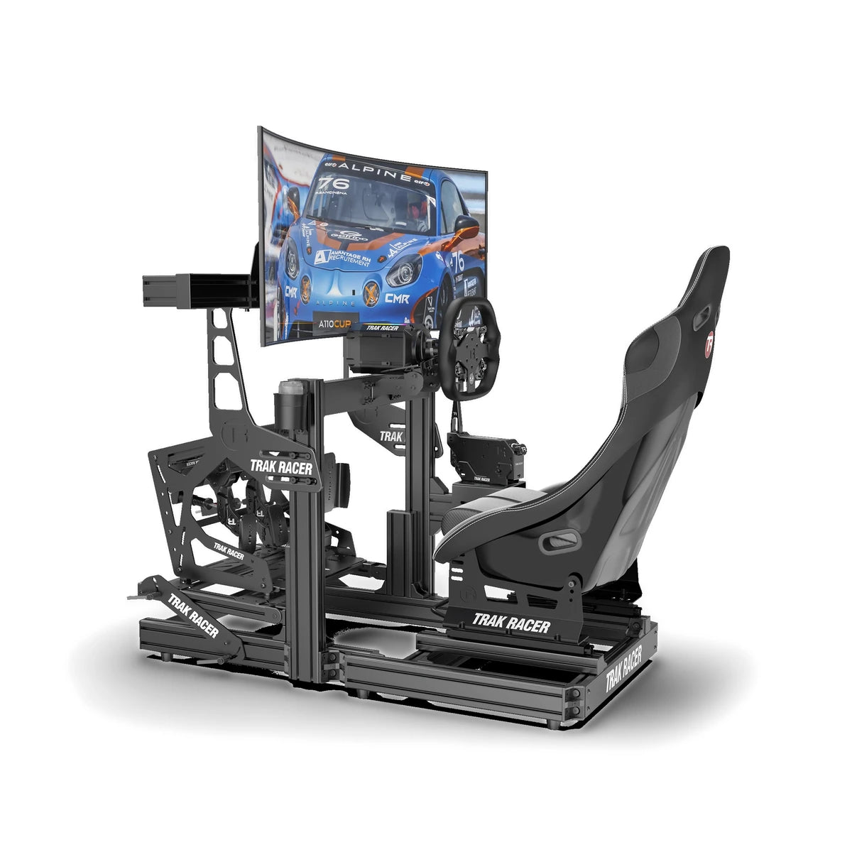 Trak Racer Pro inverted pedal mount in a full Trak Racer cockpit with seat, wheel and curved race monitor