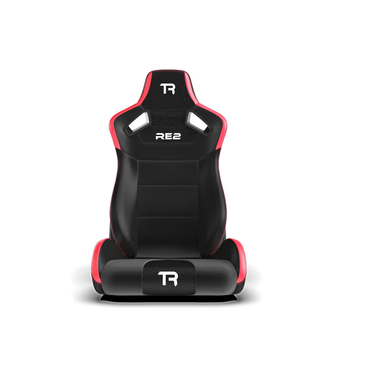 Trak Racer RE2 recliner seat front view, black and red Alcantara finish
