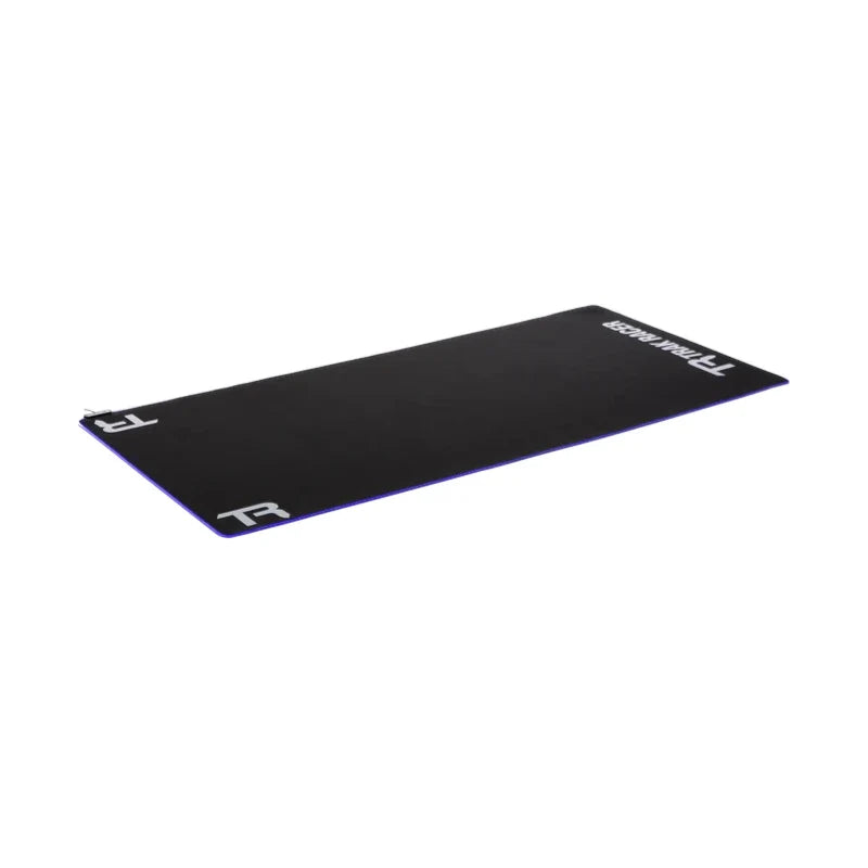 Trak Racer premium RGB floor mat, full mat laid flat, TR logo and blue fibre-optic edge trim, lights off