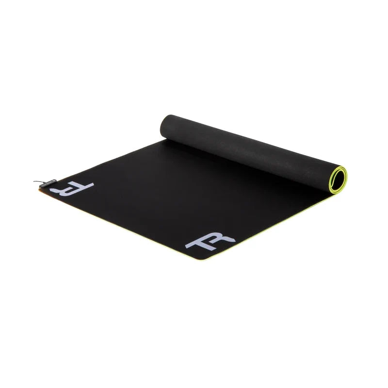 Trak Racer Premium Sim Rig Floor Mat With RGB Light, partly rolled showing the green LED edge strip and USB power lead