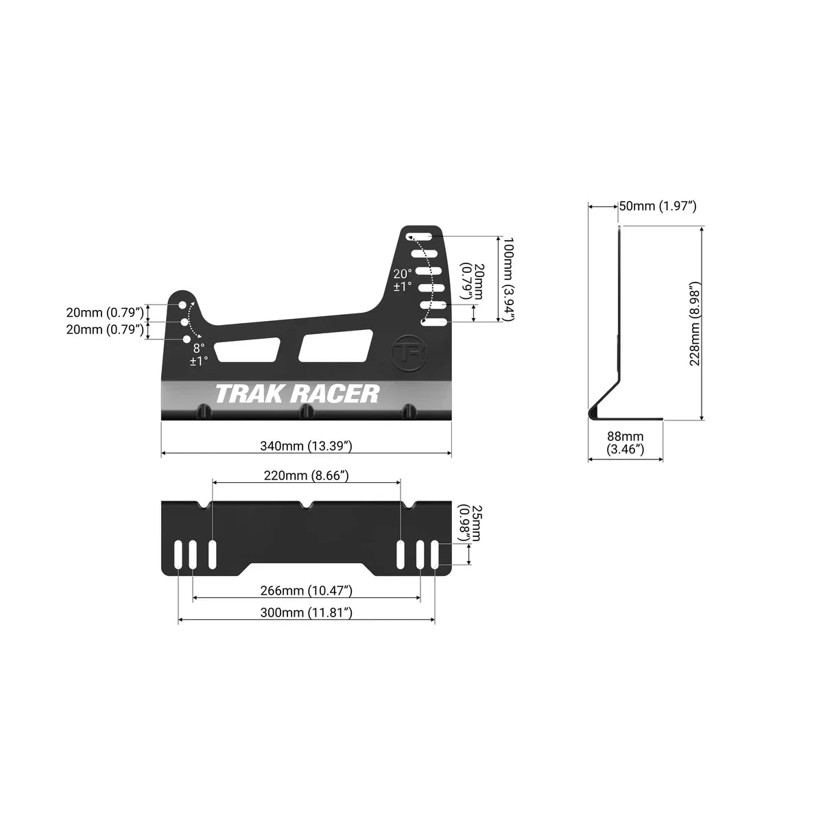 Trak Racer RS Rally Pro seat bracket dimensions diagram