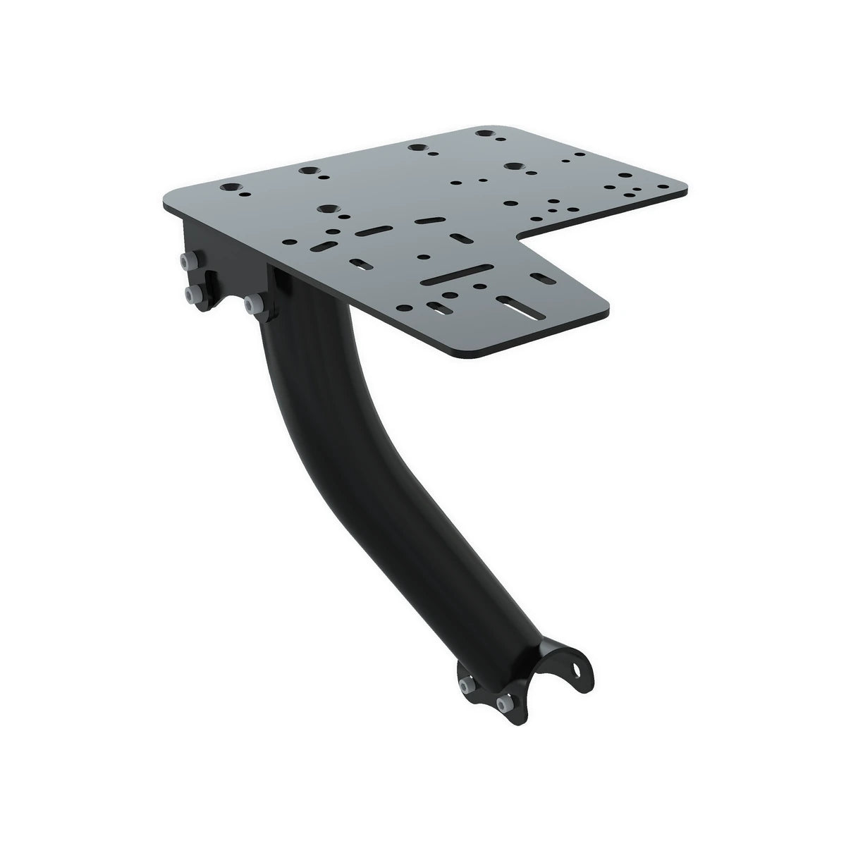Trak Racer shifter & handbrake side mount kit, mounting plate and arm, front three-quarter view