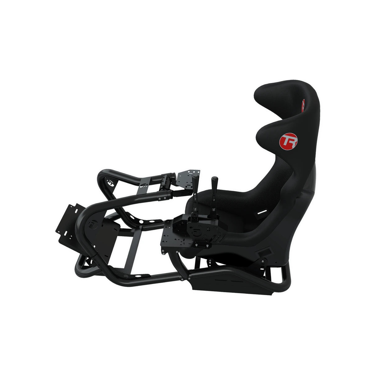 Trak Racer shifter & handbrake side mount kit fitted to a cockpit rig with shifter installed, side profile