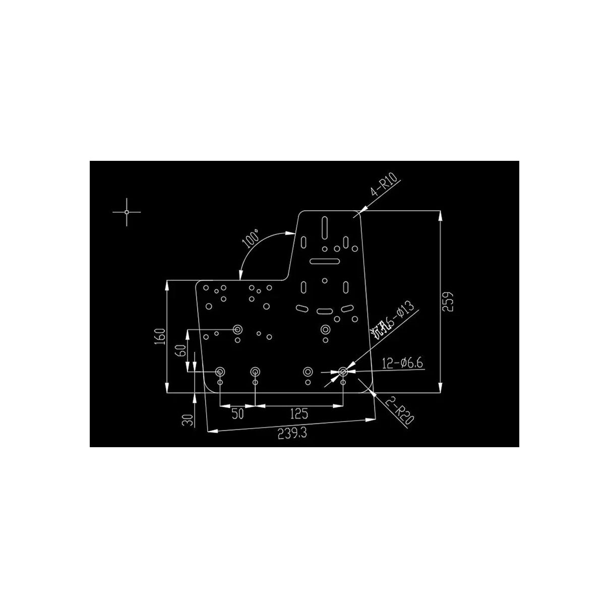 Trak Racer shifter & handbrake side mount kit, technical dimension drawing of the mounting plate
