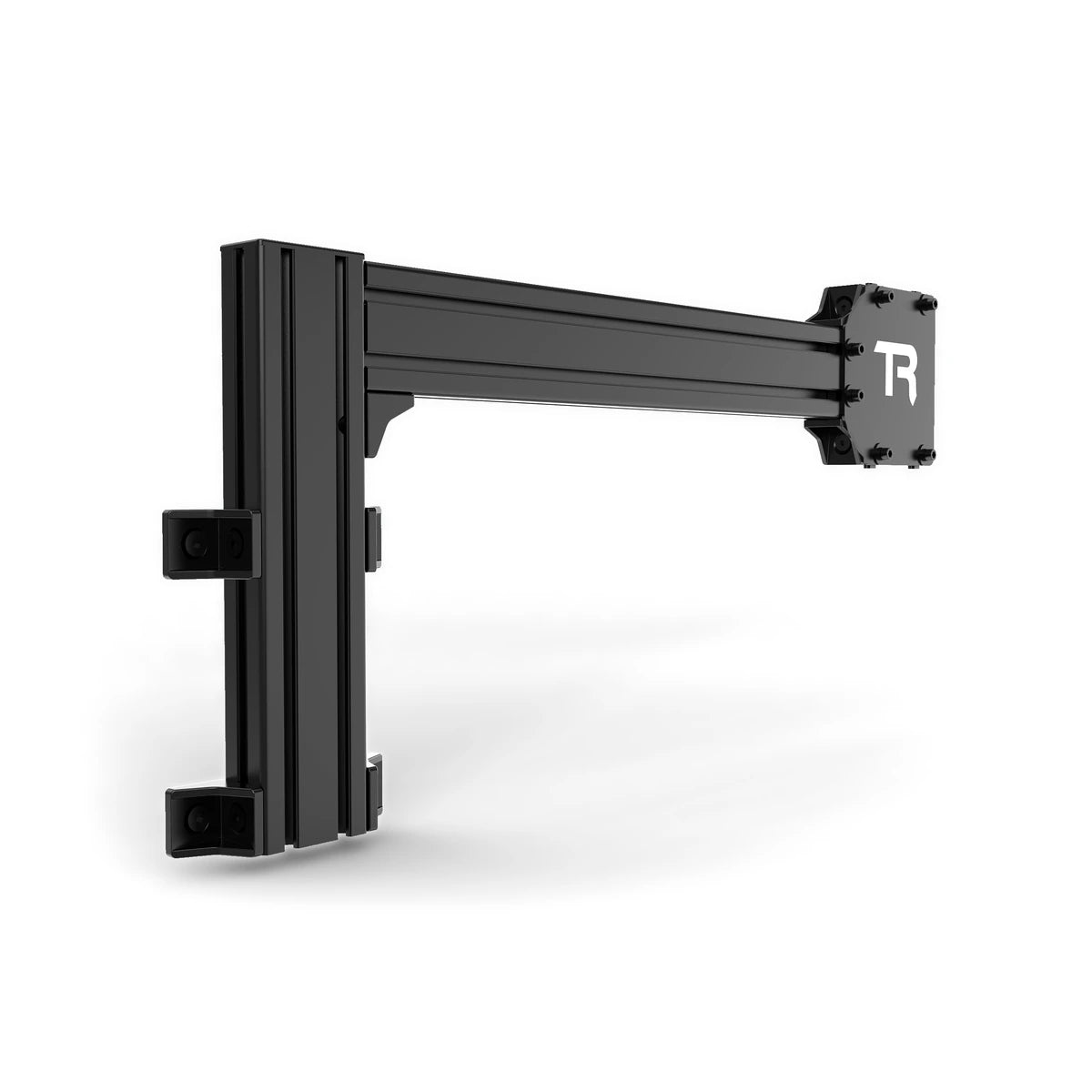 Trak Racer side chassis support, black aluminium arm bracketed upright with a TR-branded mounting plate