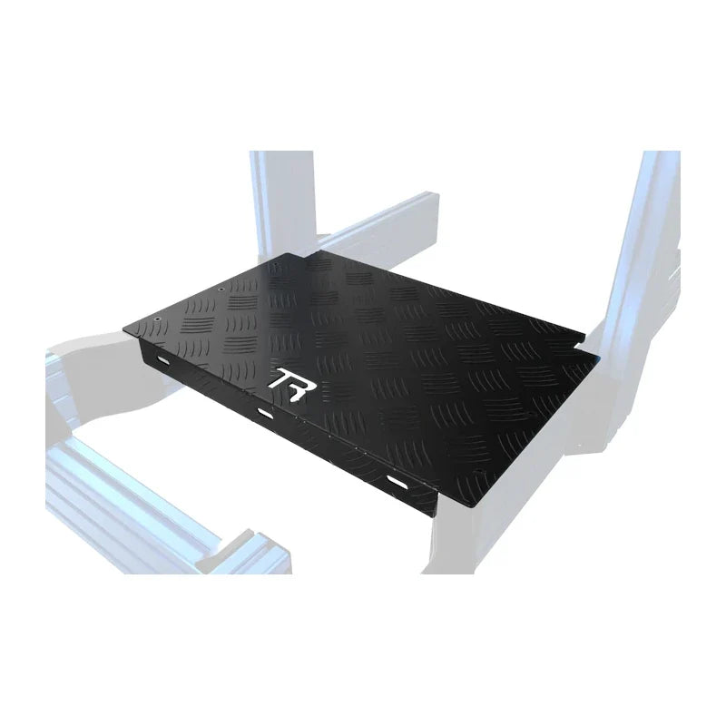 Trak Racer Sim Floor checker-plate panel mounted between the uprights of a ghosted Trak Racer rig