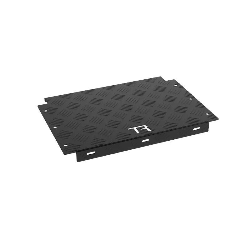 Trak Racer Sim Floor standalone three-quarter view of the black checker-plate panel with mounting slots and TR logo