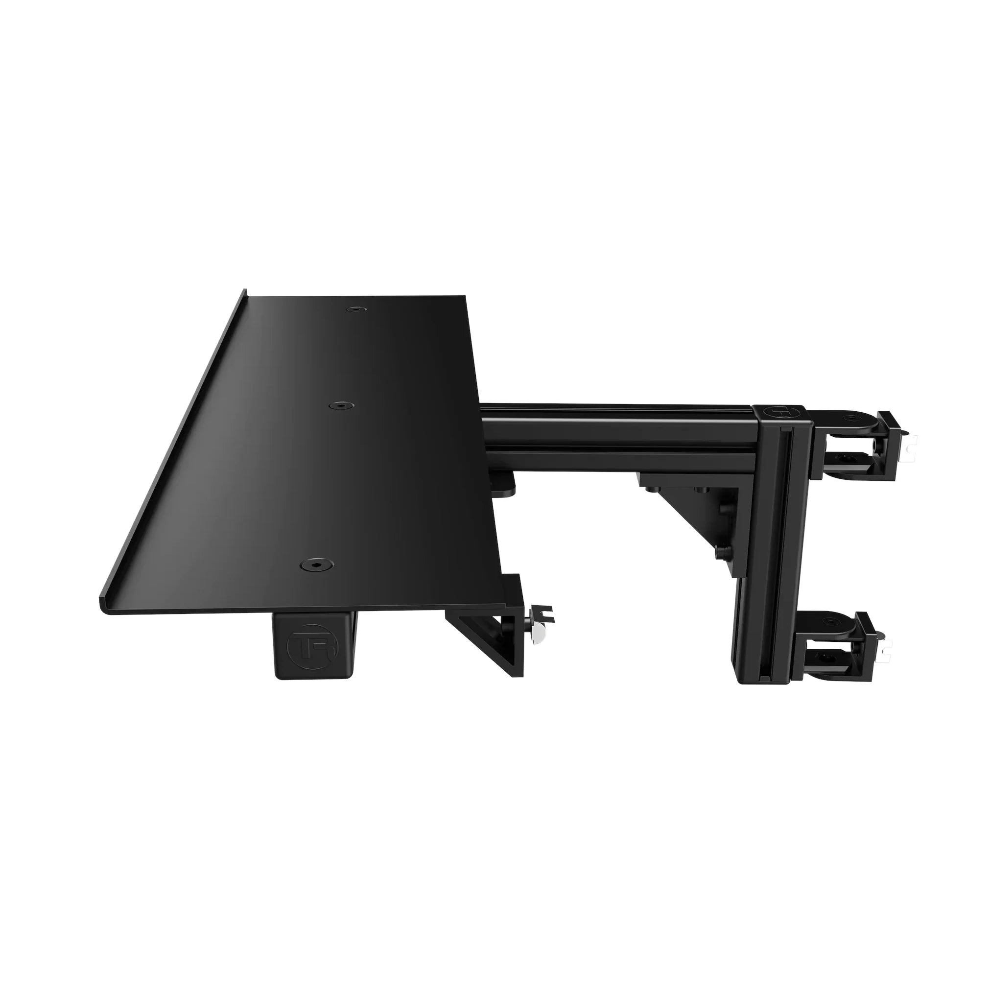 TR8020 620mm Table Top/Desk with Swivel Mount, side three-quarter view showing the profile clamps and brackets