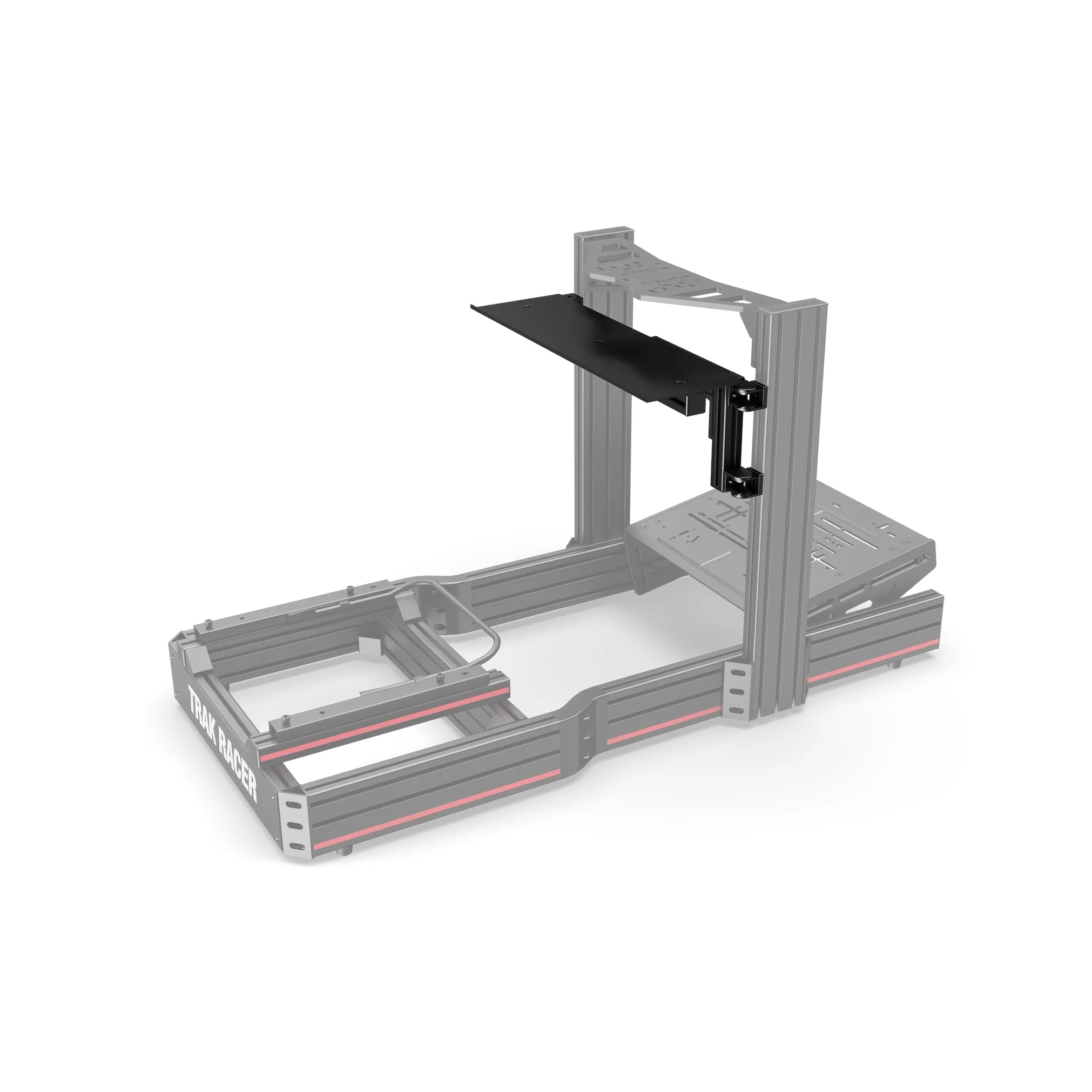 TR8020 620mm Table Top/Desk with Swivel Mount fitted high on the upright of a ghosted Trak Racer aluminium-profile rig