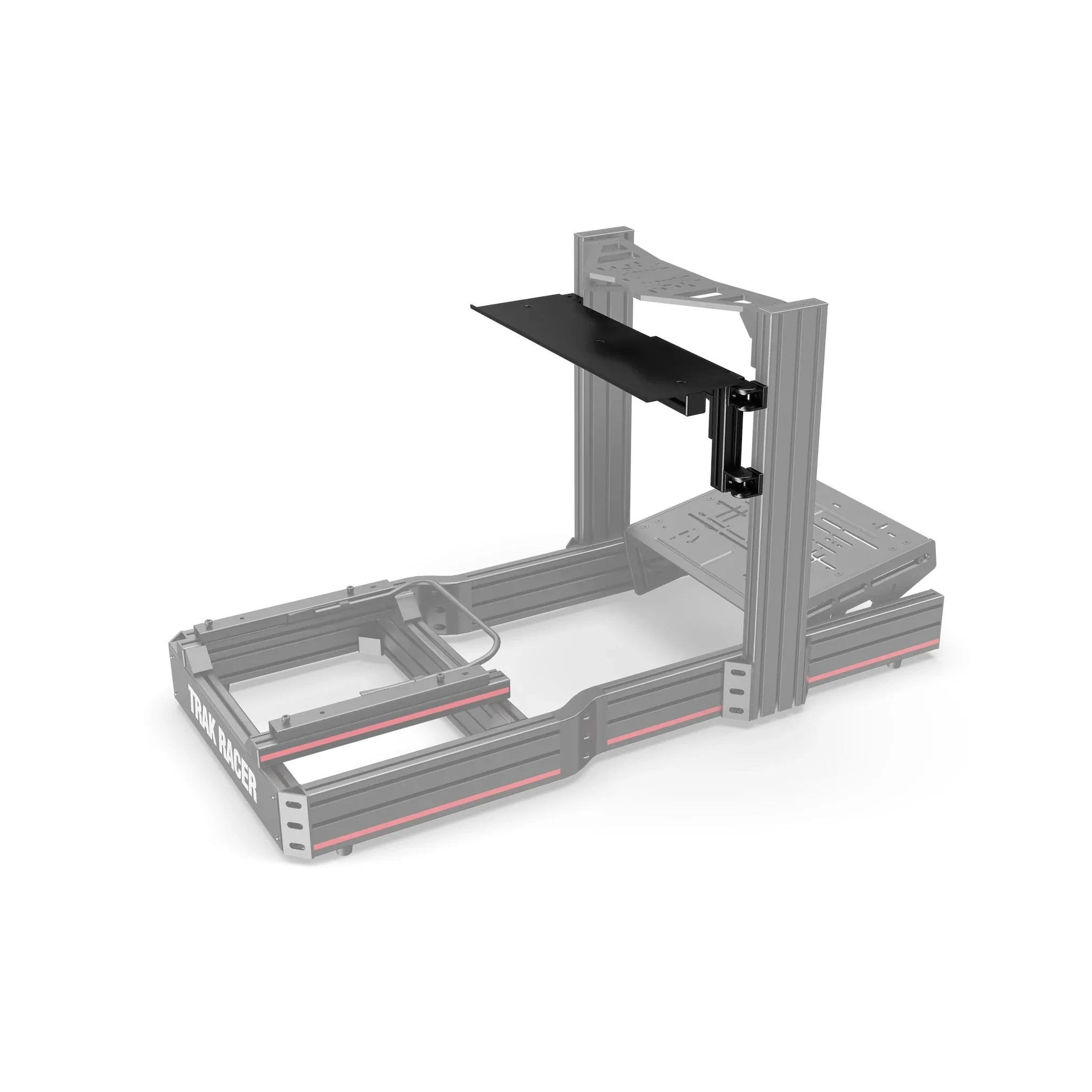 TR8020 620mm Table Top/Desk with Swivel Mount fitted high on the upright of a ghosted Trak Racer aluminium-profile rig