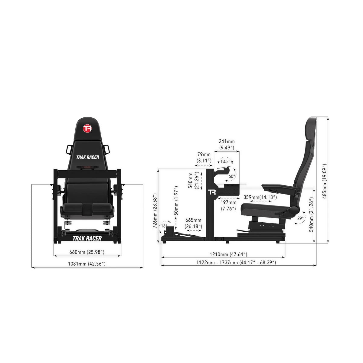 Trak Racer TR40S flight cockpit dimensions diagram with front and side measurements in millimetres and inches