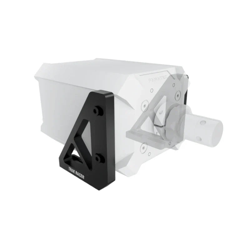 Trak Racer Universal Direct Mount bolted to a Fanatec Podium wheelbase shown ghosted grey, left bracket in view