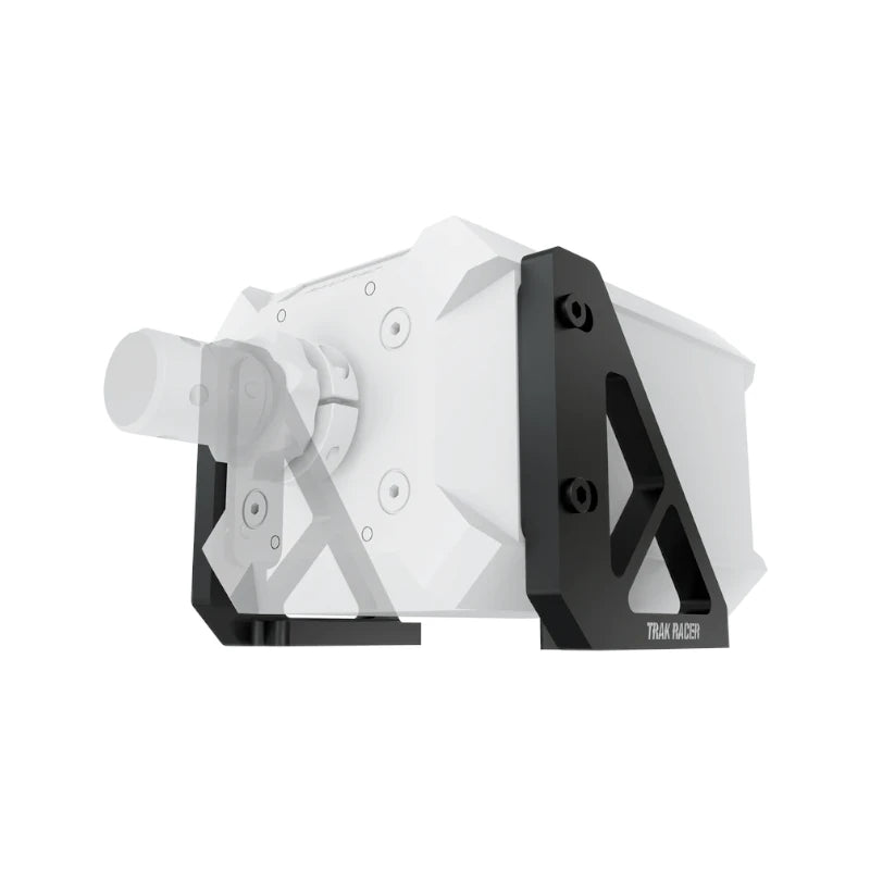 Trak Racer Universal Direct Mount bolted to a Fanatec Podium wheelbase shown ghosted grey, right bracket in view