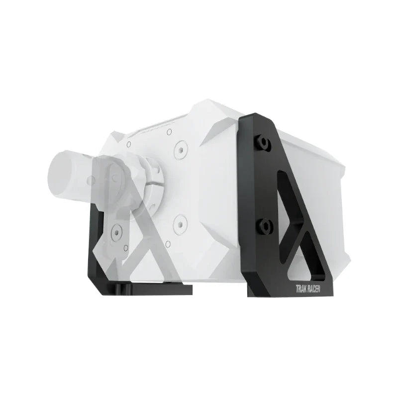 Trak Racer Universal Direct Mount bolted to a Fanatec Podium wheelbase shown ghosted grey, right bracket in view