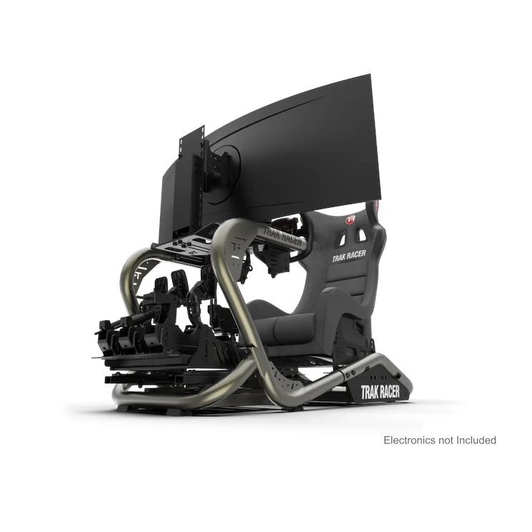 Trak Racer TR8 Pro V2 Racing Simulator, rear three-quarter view with seat and curved monitor and a raw silver front roll bar (electronics not included)