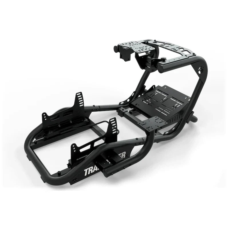 Trak Racer TR8 Pro V2 Racing Simulator, bare black frame shown from the rear three-quarter without seat or monitors