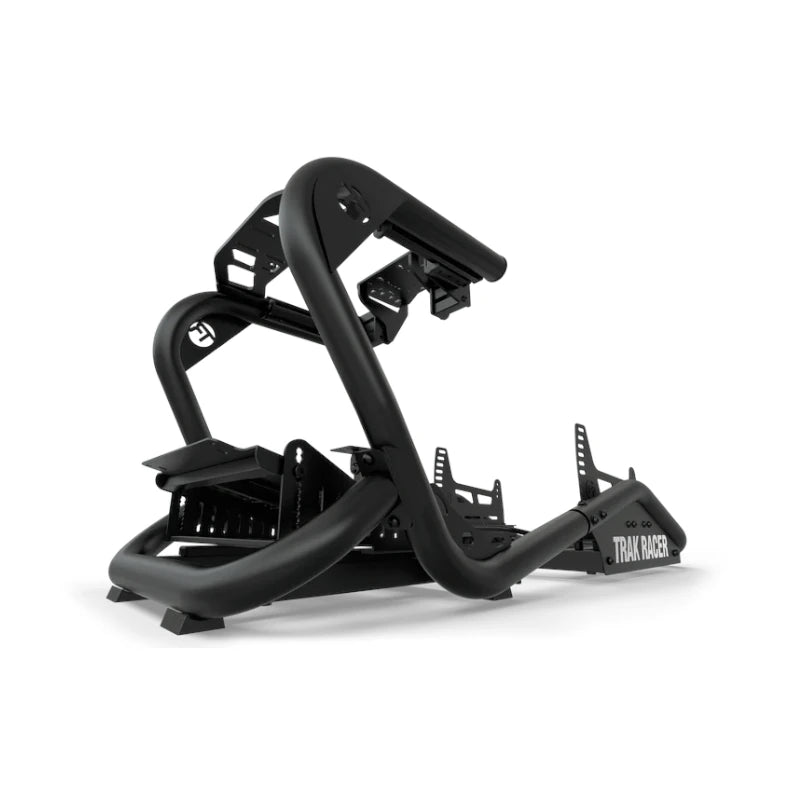 Trak Racer TR8 Pro V2 Racing Simulator, low front three-quarter view of the bare black tubular frame
