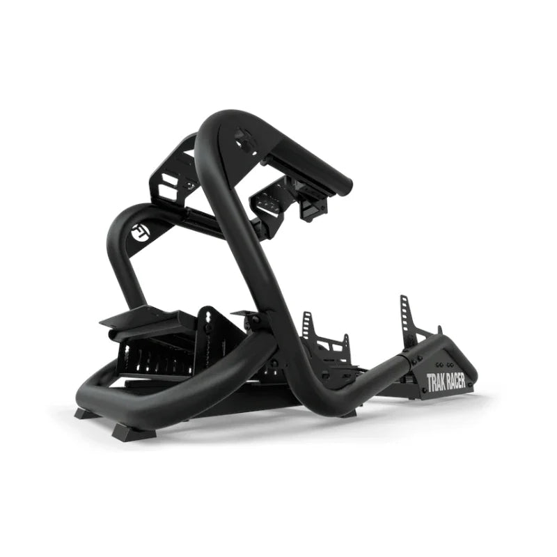 Trak Racer TR8 Pro V2 Racing Simulator, low front three-quarter view of the bare black tubular frame